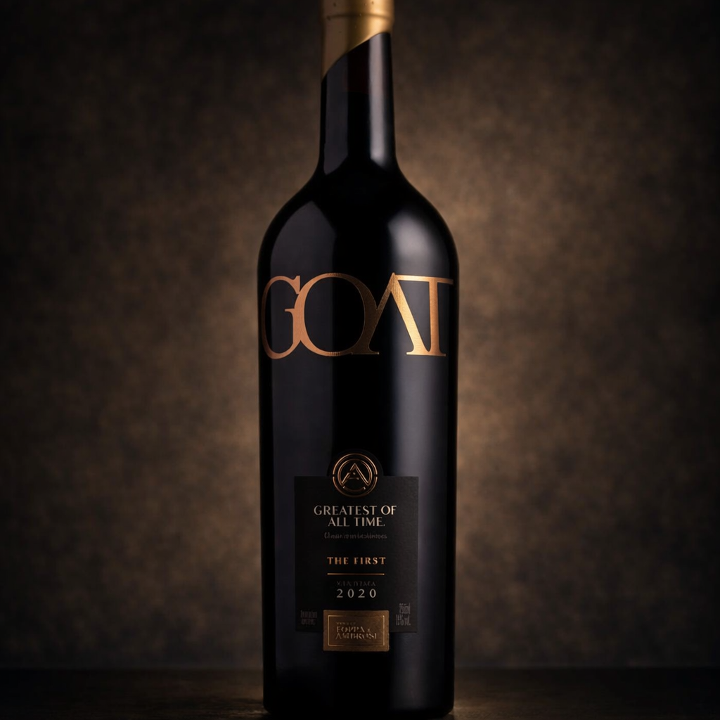 Garrafa do vinho GOAT The First da Foppa & Ambrosi, rótulo premium de edição limitada, com design elegante em fundo escuro.