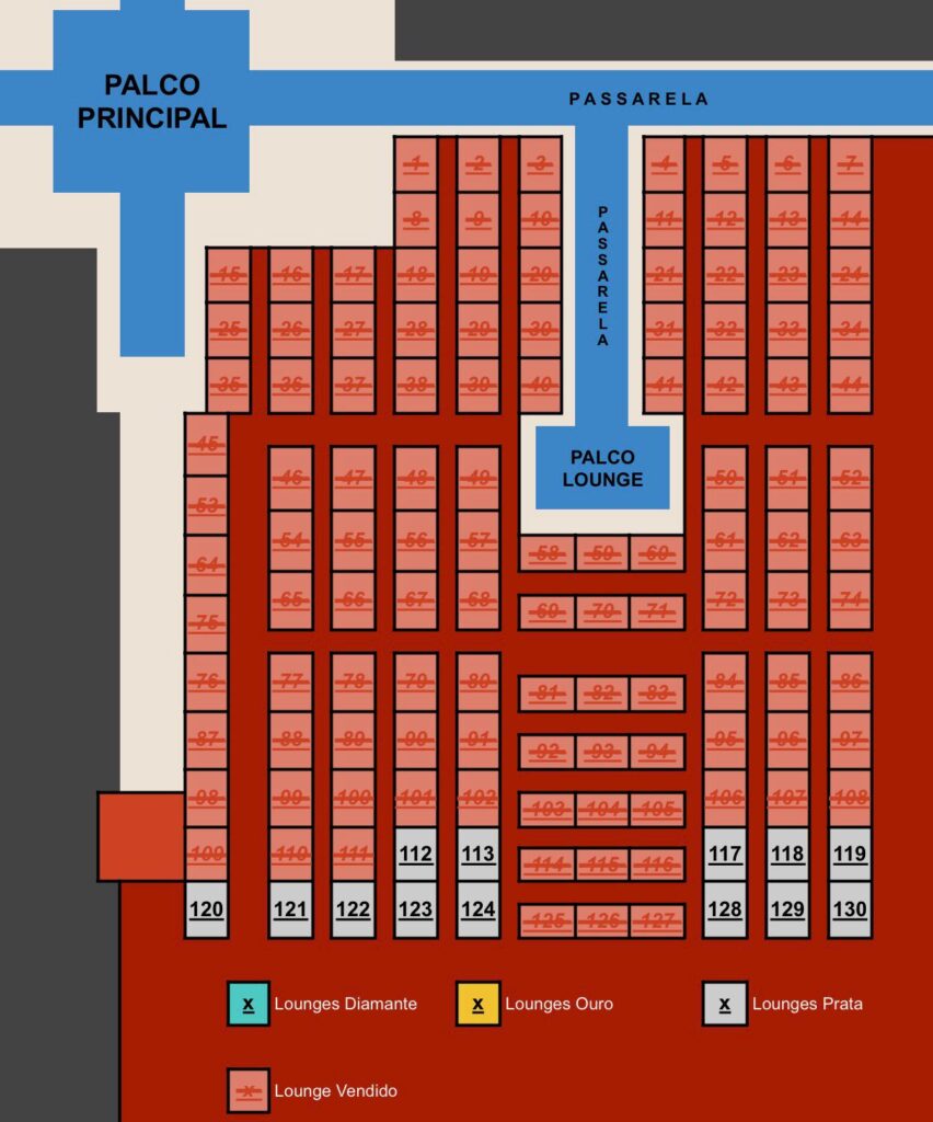 Mapa oficial dos lounges do Cê Tá Doido Festival 2026 na Arena Flamboyant, em Goiânia, destacando a localização dos espaços premium assinados por Dennis Nazário.Legenda: