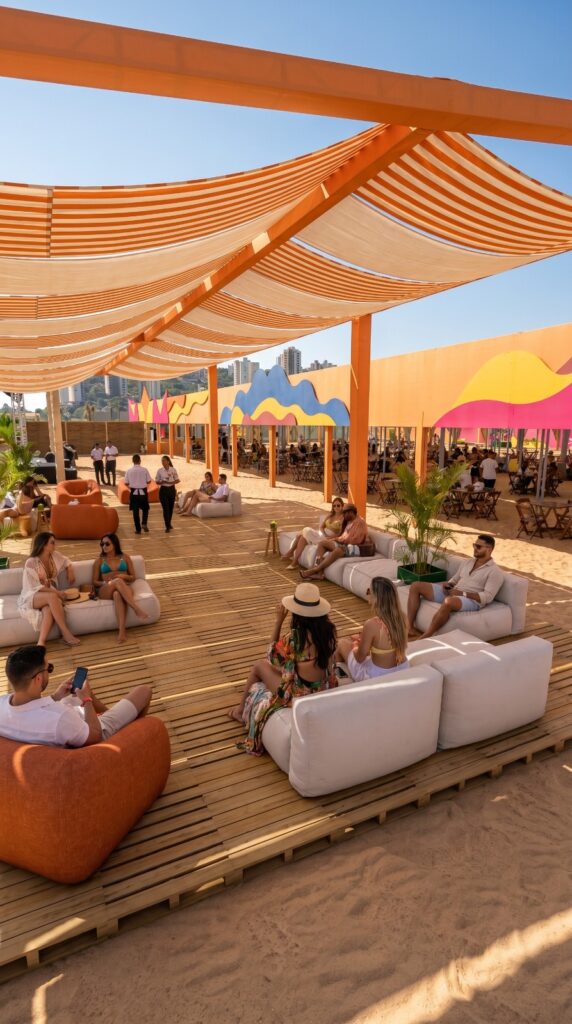 Visitantes aproveitam os lounges e a área gastronômica do Rancho Deboxe na Praia dos Índios.